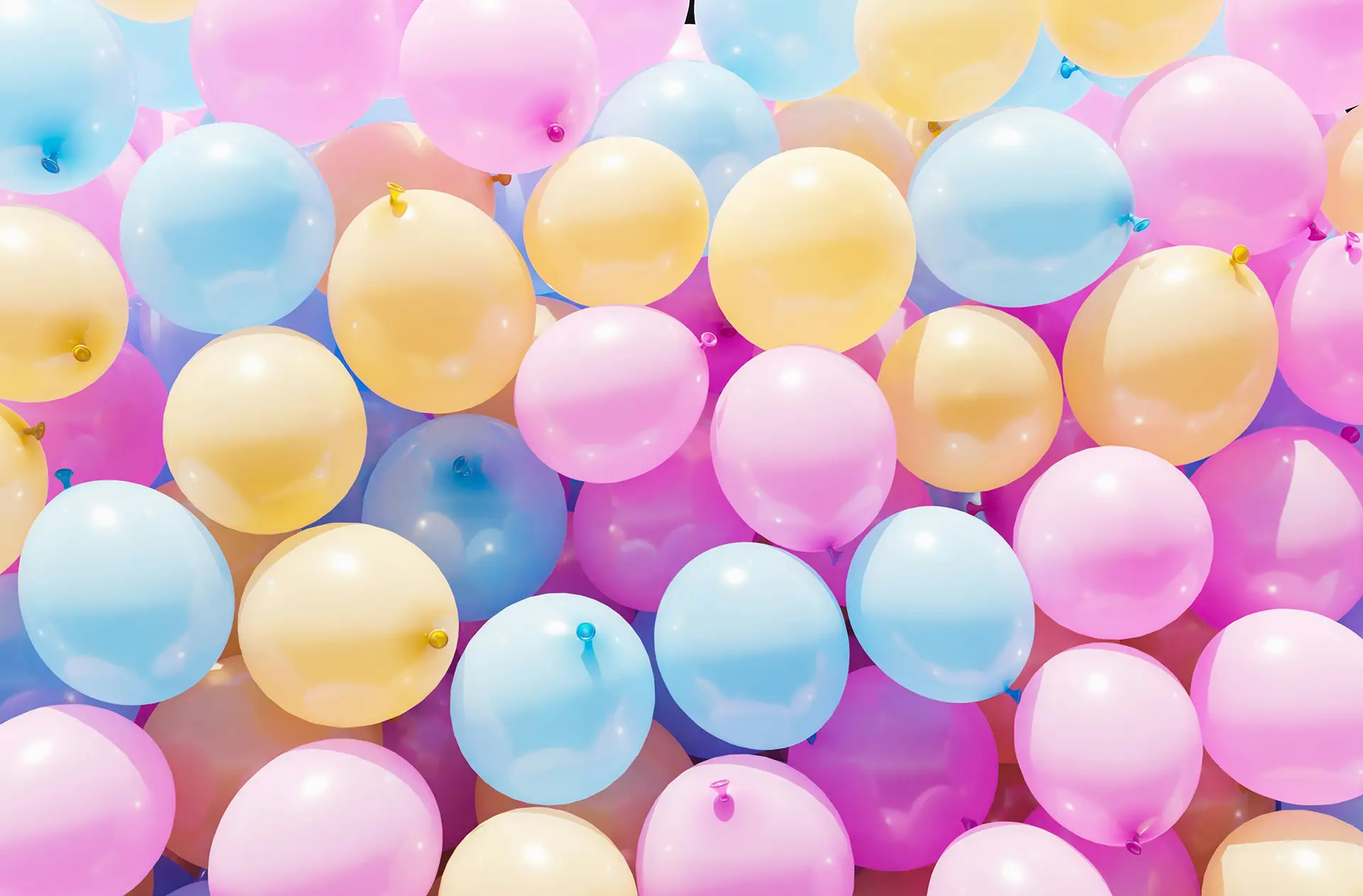 Cluster of pastel balloons in blue, pink, and yellow filling the frame.