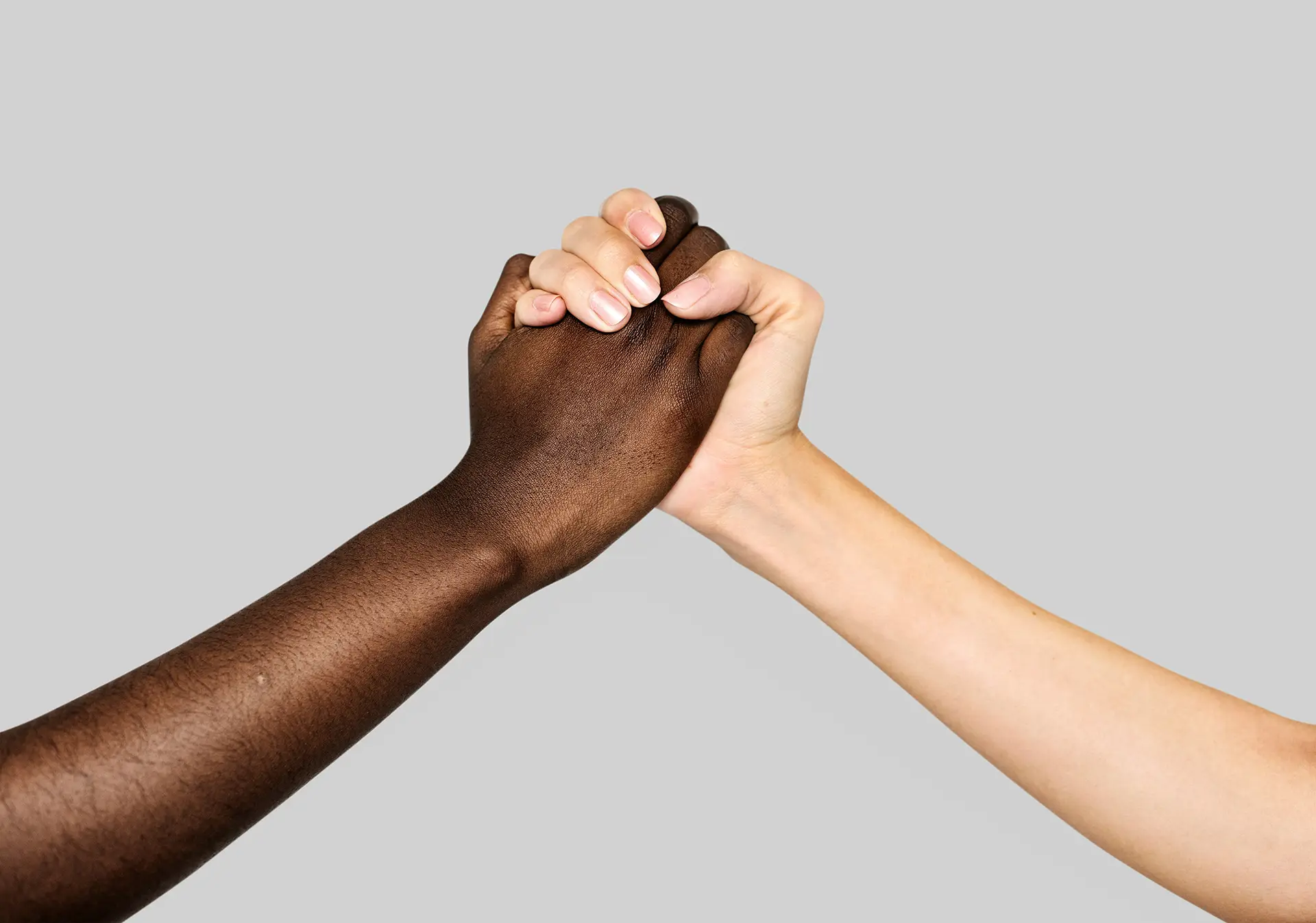 hands clasped together in a handshake on gray background.